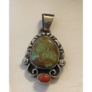 STUNNING Signed JR Navajo Pendant Royston Turqouise & Coral Sterling Bah…